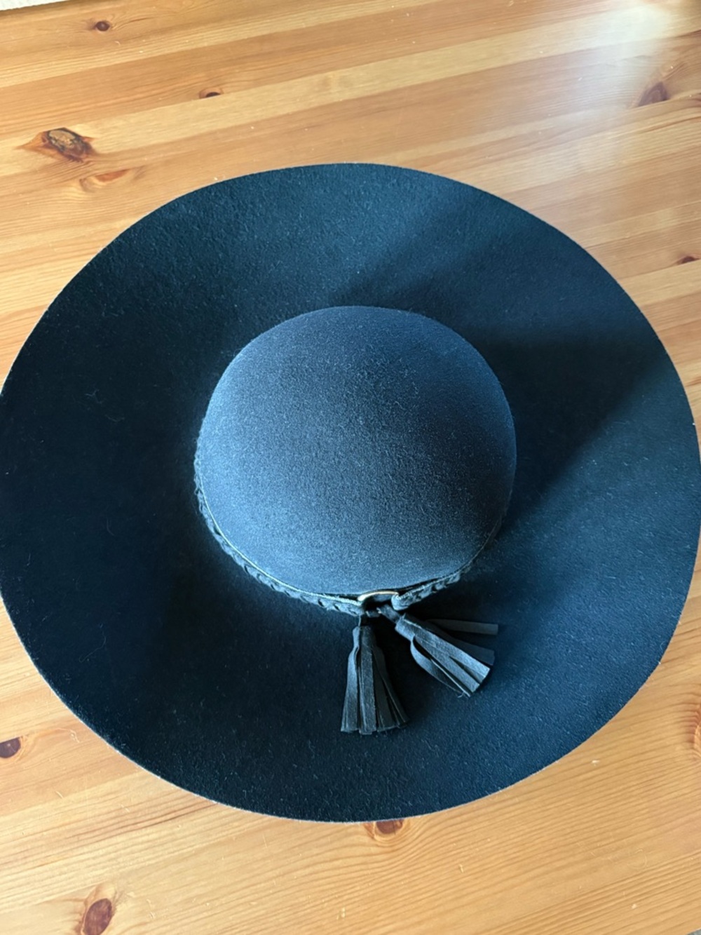 Bebe Black Wool Wide Brim Leather Tassel Trim Hat